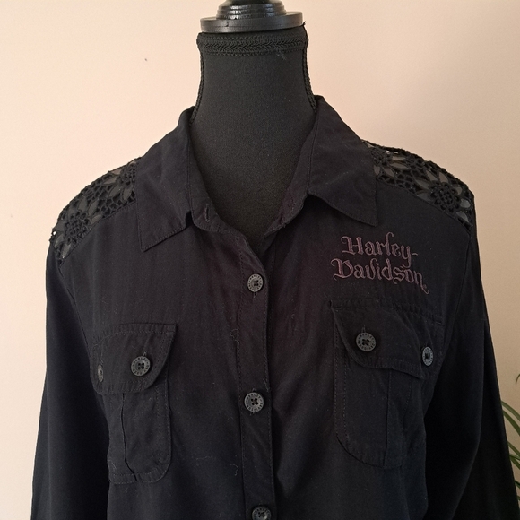 Harley Davidson Shirt Women's Size Large Black Crochet Flower Accents Rayon - Picture 9 of 13